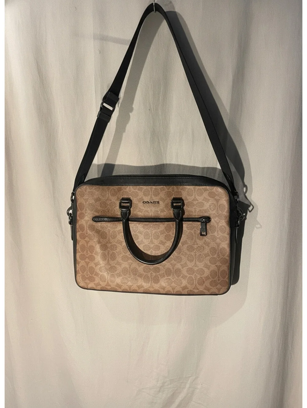 Coach Brown Signature Canvas Laptop Bag with Black Trim